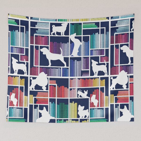 Item preview, Rainbow bookshelf with small and medium dog breeds // navy blue background white book shelves and library dogs multicoloured books designed and sold by SelmaCardoso.