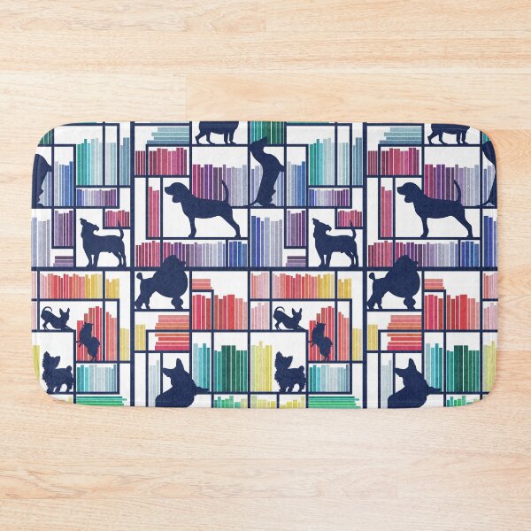 Item preview, Rainbow bookshelf with small and medium dog breeds // white background navy book shelves and library dogs multicoloured books designed and sold by SelmaCardoso.