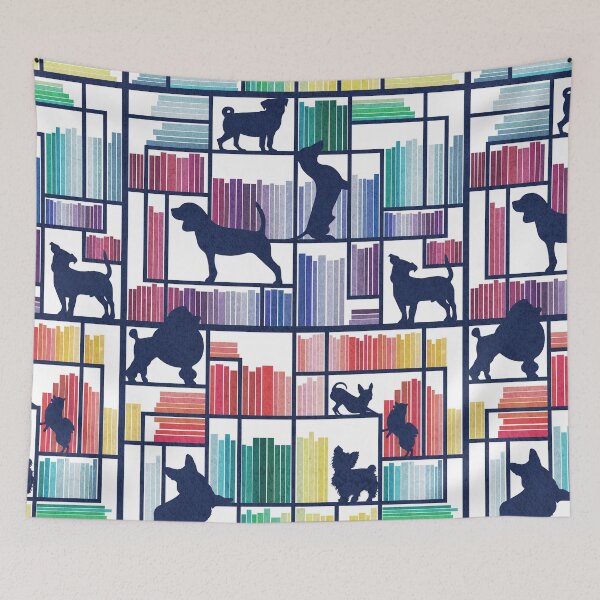 Item preview, Rainbow bookshelf with small and medium dog breeds // white background navy book shelves and library dogs multicoloured books designed and sold by SelmaCardoso.