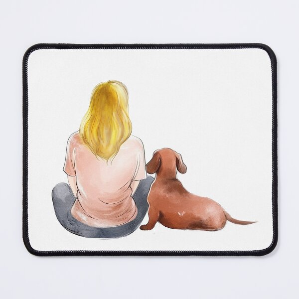 Item preview, Blond hair Woman sitting with wiener dog, illustration designed and sold by EmeraldeaArt.