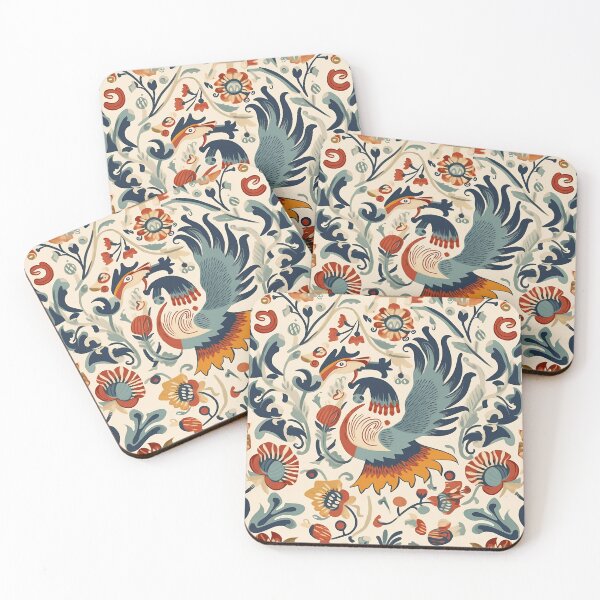 Item preview, Hungarian Folktale inspired floral and bird motifs, in red, orange and blue hues designed and sold by EmeraldeaArt.