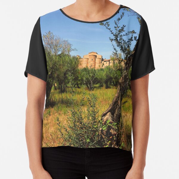 Italy, olive trees and an ancient abbey Chiffon Top
