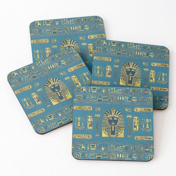 Item preview, Gold Sphinx head with Egyptian hieroglyphs on blue leather designed and sold by k9printart.