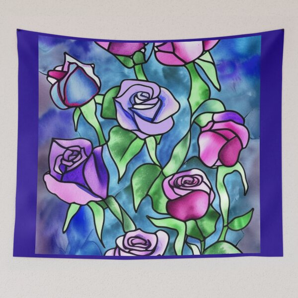 Item preview,  Stained Glass Pattern of Roses and Foliage Pink Purple Blue designed and sold by Greenbaby.