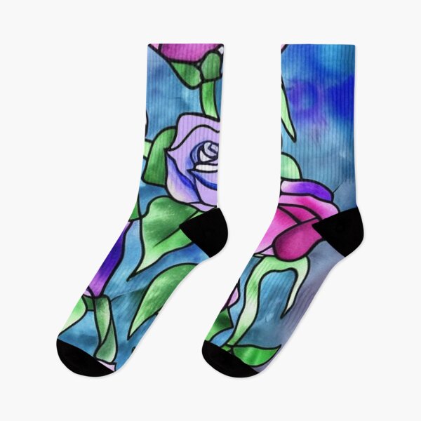 Item preview,  Stained Glass Pattern of Roses and Foliage Pink Purple Blue designed and sold by Greenbaby.