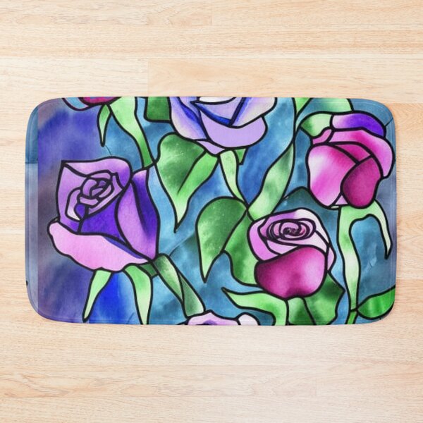 Item preview,  Stained Glass Pattern of Roses and Foliage Pink Purple Blue designed and sold by Greenbaby.