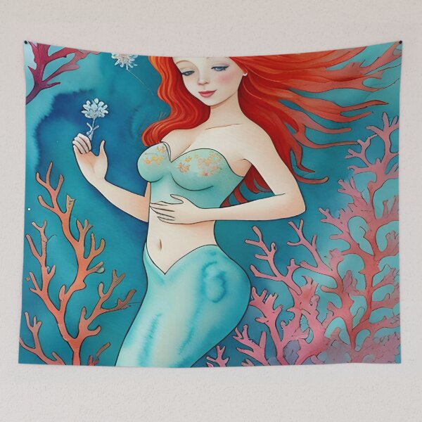 Item preview, Red Haired Mermaid holding flower designed and sold by christineiris.