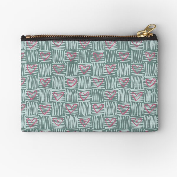 Modern minimalist checkered pink heart pattern on plaid green Zipper Pouch