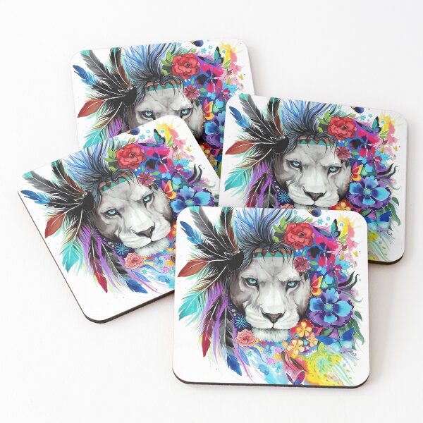 Item preview, Watercolor White Lion Artistic Painting with colorful feathers flowers and butterflies  Fanart  Designer by emileymelincf designed and sold by emileymelincf.