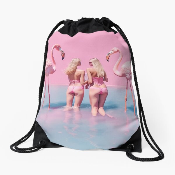 Women with flamingos Drawstring Bag