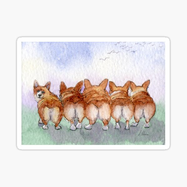 Five Welsh corgi dogs walk away together Sticker