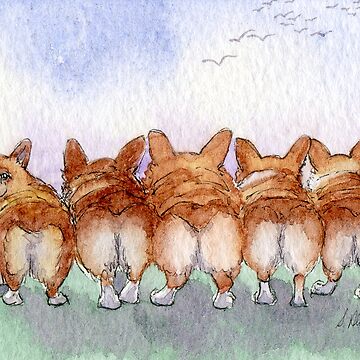 Artwork thumbnail, Five Welsh corgi dogs walk away together by SusanAlisonArt