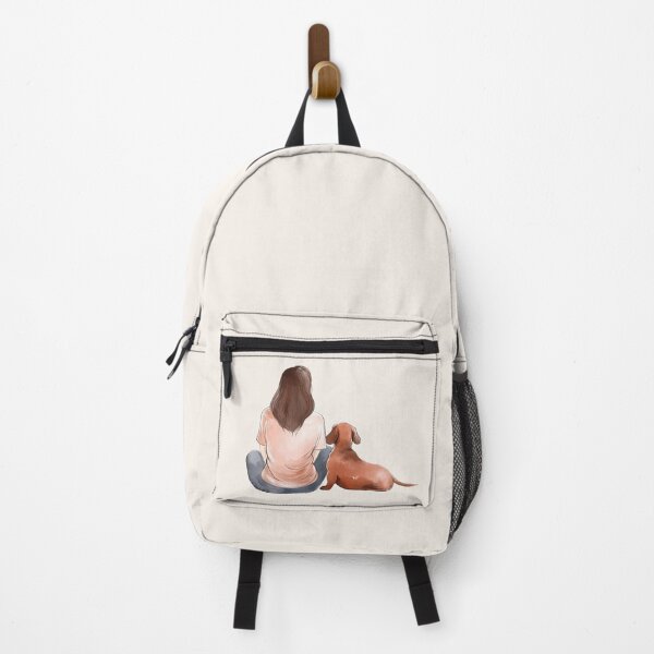 Item preview, Brown hair girl sitting with her wiener dog, illustration designed and sold by EmeraldeaArt.