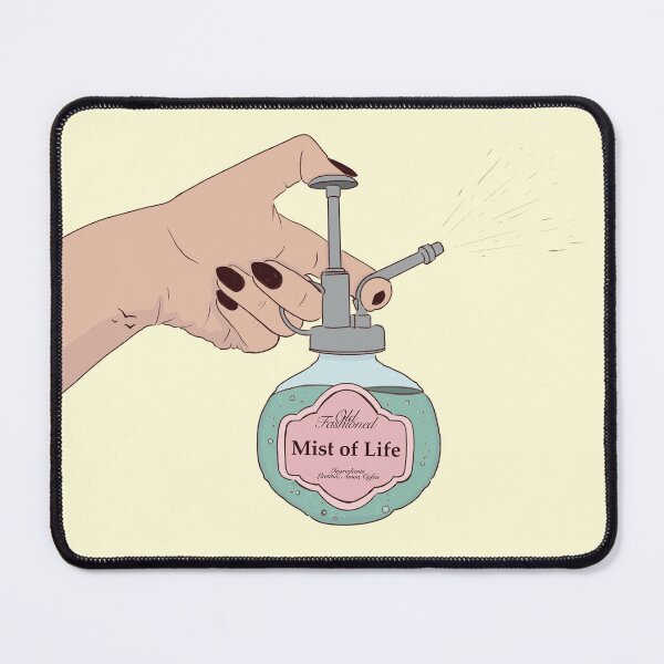 Item preview, "Mist of Life" Witch hand with bird tattoo holds spraying atomizer in which the elixir of life is made up of ingredients: Laetitia, Amor, Cafea designed and sold by BubblyCarrot.