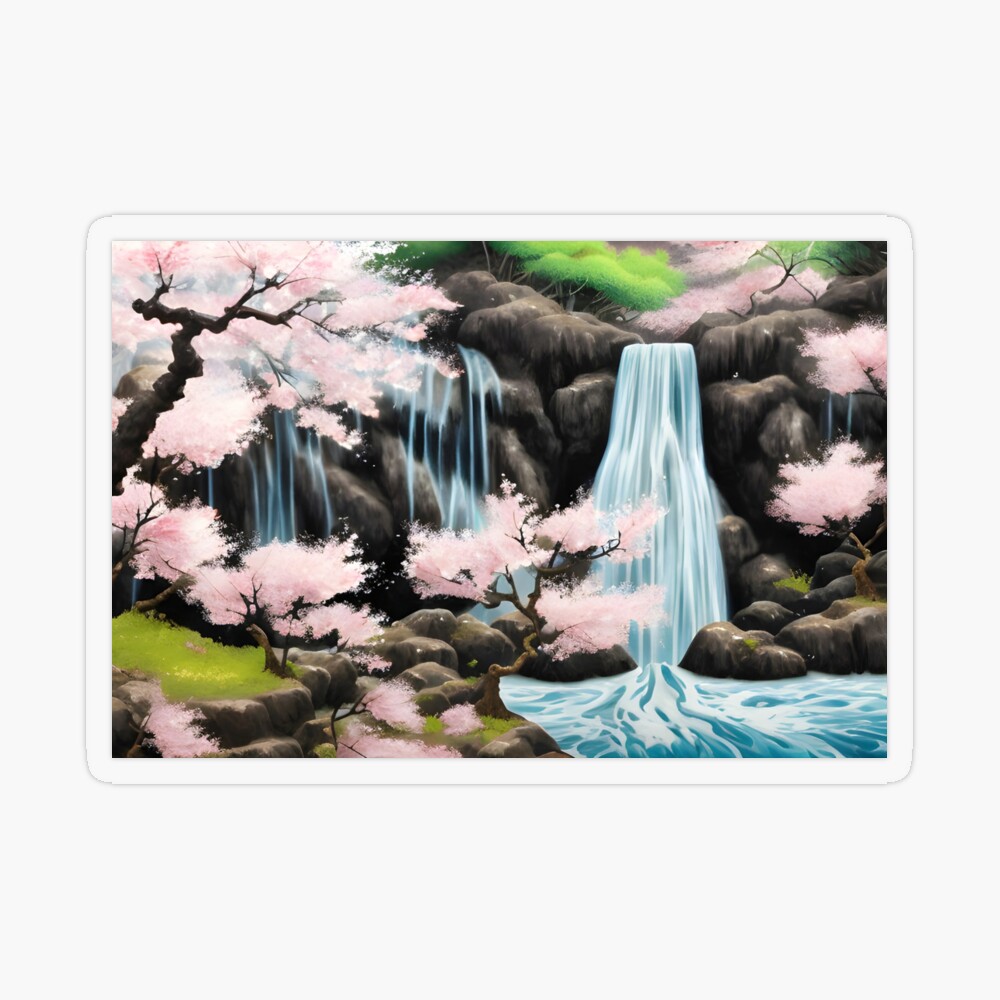 Painting Of A Waterfall and Cherry Blossom Trees | AI Art