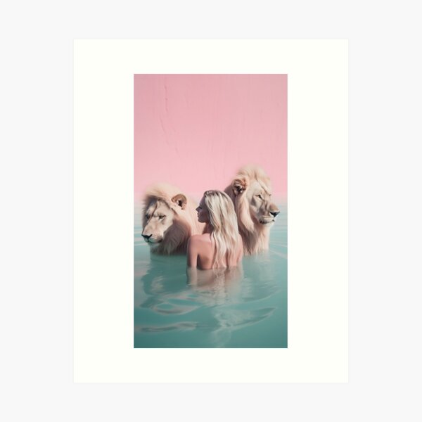 Woman swimming with lions Art Print