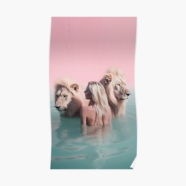 Woman swimming with lions Poster