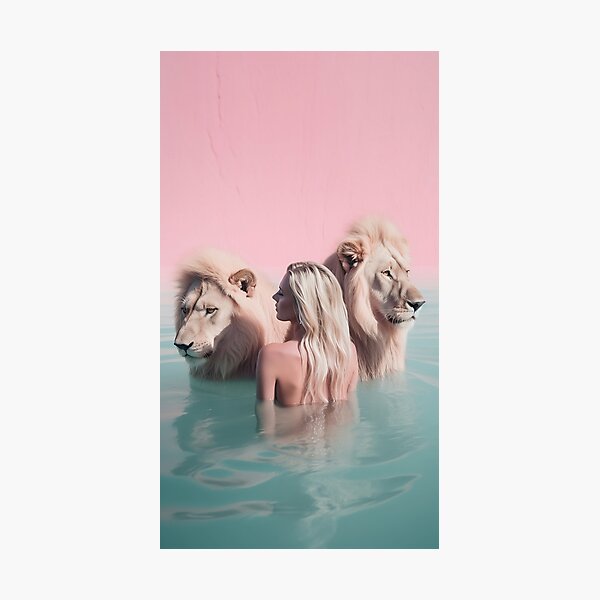 Woman swimming with lions Photographic Print