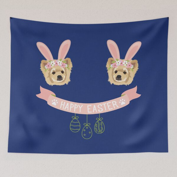 Item preview, Pomeranian Dog Head with Bunny Ears, Happy Easter Sign and Hanging Eggs designed and sold by SeasonalDogs.
