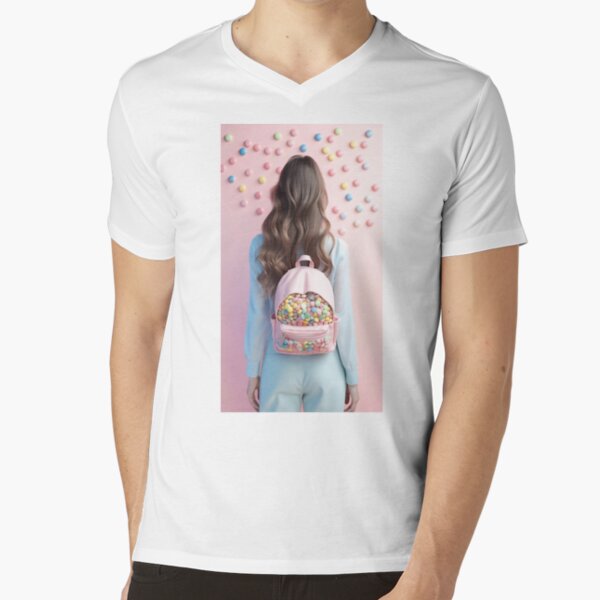 Woman with Candy Backpack V-Neck T-Shirt