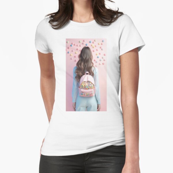 Woman with Candy Backpack Fitted T-Shirt