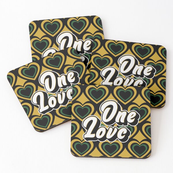 Item preview, One Love Retro Hearts - black, green, gold, on gold designed and sold by Rachel Dash-Williams Creative.