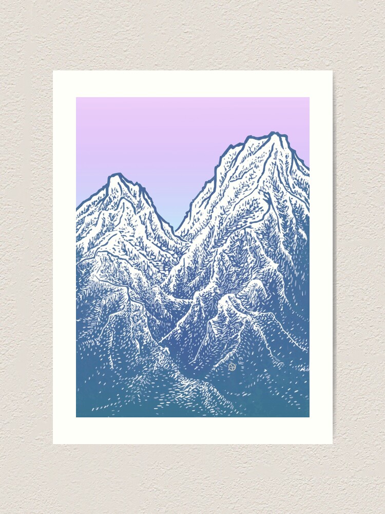 Forest Mountain Landscape Black and White Linocut Artwork Framed