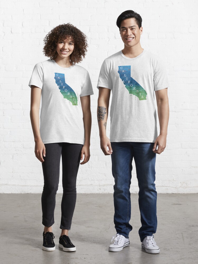 California Sate Map with Pacific ocean blue and green watercolors waves |  Essential T-Shirt