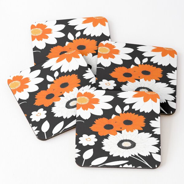 Item preview, Orange Black and White Large Flowers White Leaves with a Black Background designed and sold by deniselynnimage.