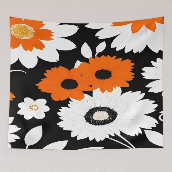 Item preview, Orange Black and White Large Flowers White Leaves with a Black Background designed and sold by deniselynnimage.