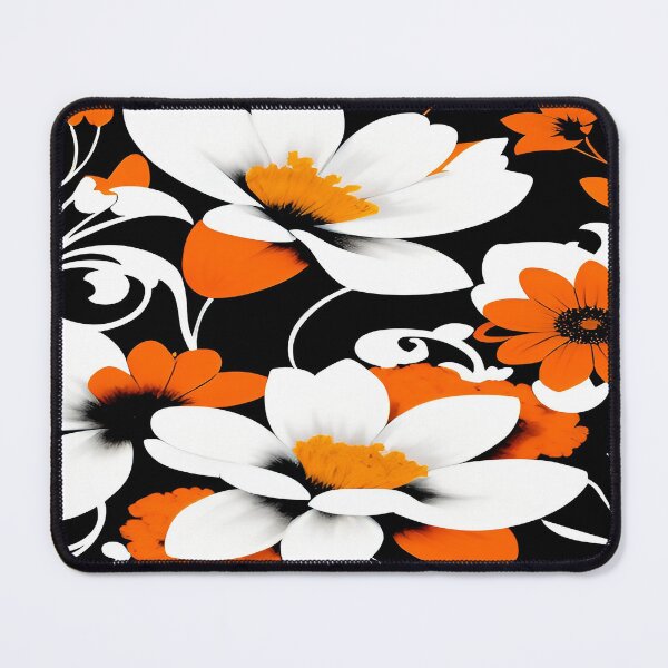 Item preview, White Large Flowers Orange Florets Twirls and Swirls of Leaves with a Black Background designed and sold by deniselynnimage.