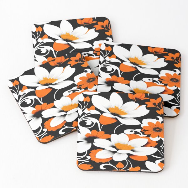 Item preview, White Large Flowers Orange Florets Twirls and Swirls of Leaves with a Black Background designed and sold by deniselynnimage.
