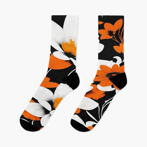 Item preview, White Large Flowers Orange Florets Twirls and Swirls of Leaves with a Black Background designed and sold by deniselynnimage.