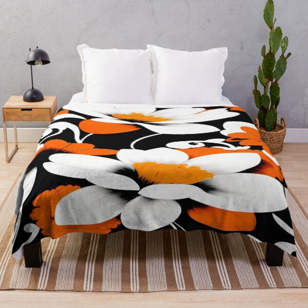 Item preview, White Large Flowers Orange Florets Twirls and Swirls of Leaves with a Black Background designed and sold by deniselynnimage.