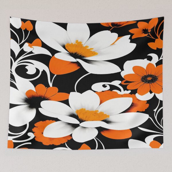 Item preview, White Large Flowers Orange Florets Twirls and Swirls of Leaves with a Black Background designed and sold by deniselynnimage.