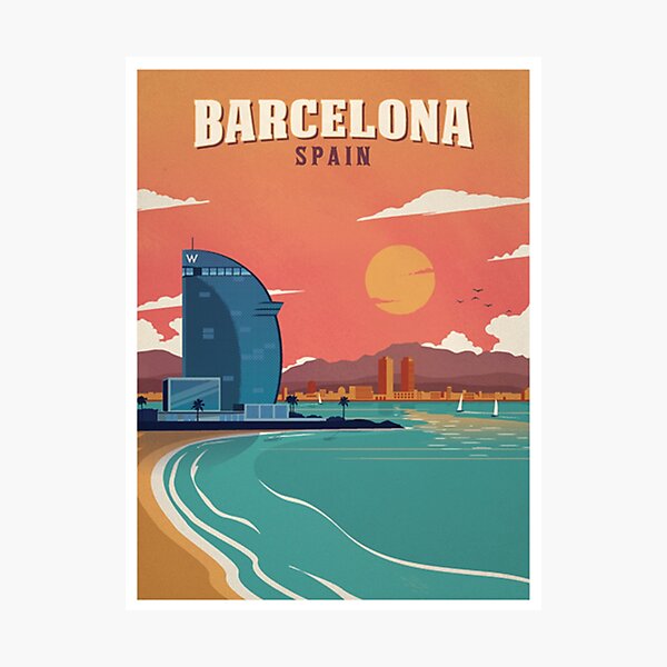 Vintage Barcelona Spain Beach Poster Photographic Print