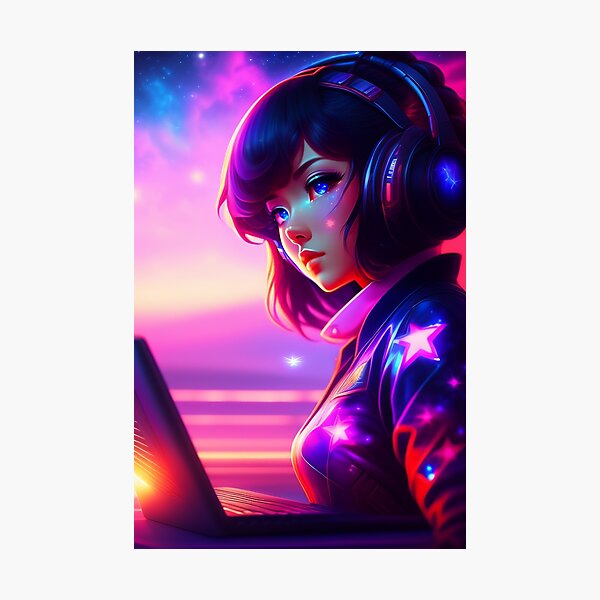 Beautiful Cute Retrowave Cosmic Anime Girl AI Art Photographic Print