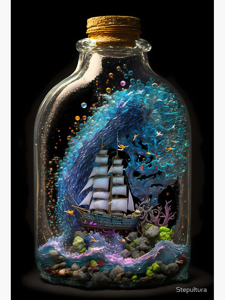 Ocean in a Glass Bottle Marine Life and Ship