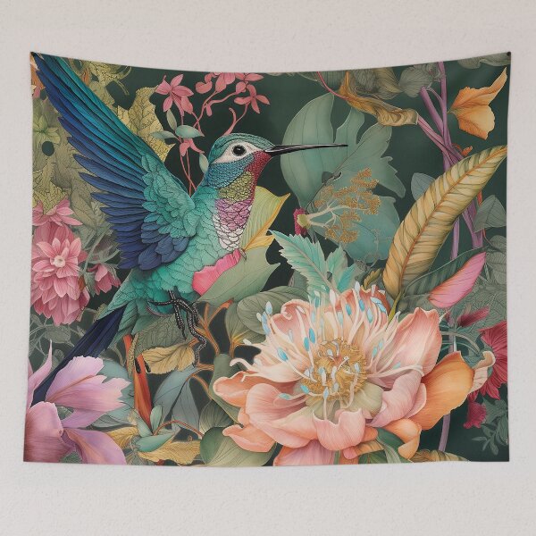 Item preview, hummingbirds flying and columbine tropical flowers designed and sold by AstraNovaStudio.