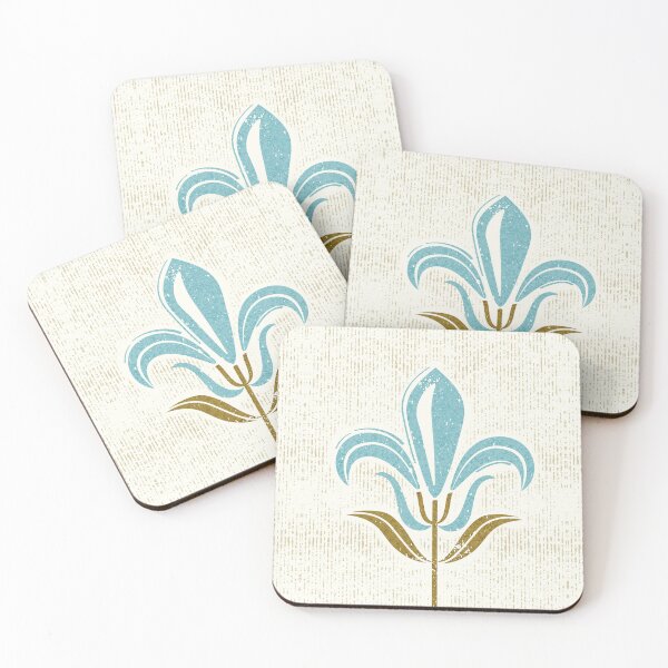 Item preview, Mod fleur-de-lis // natural white background ocean blue lily flowers sunburst yellow leaves with grunge faux textured fresco look designed and sold by SelmaCardoso.