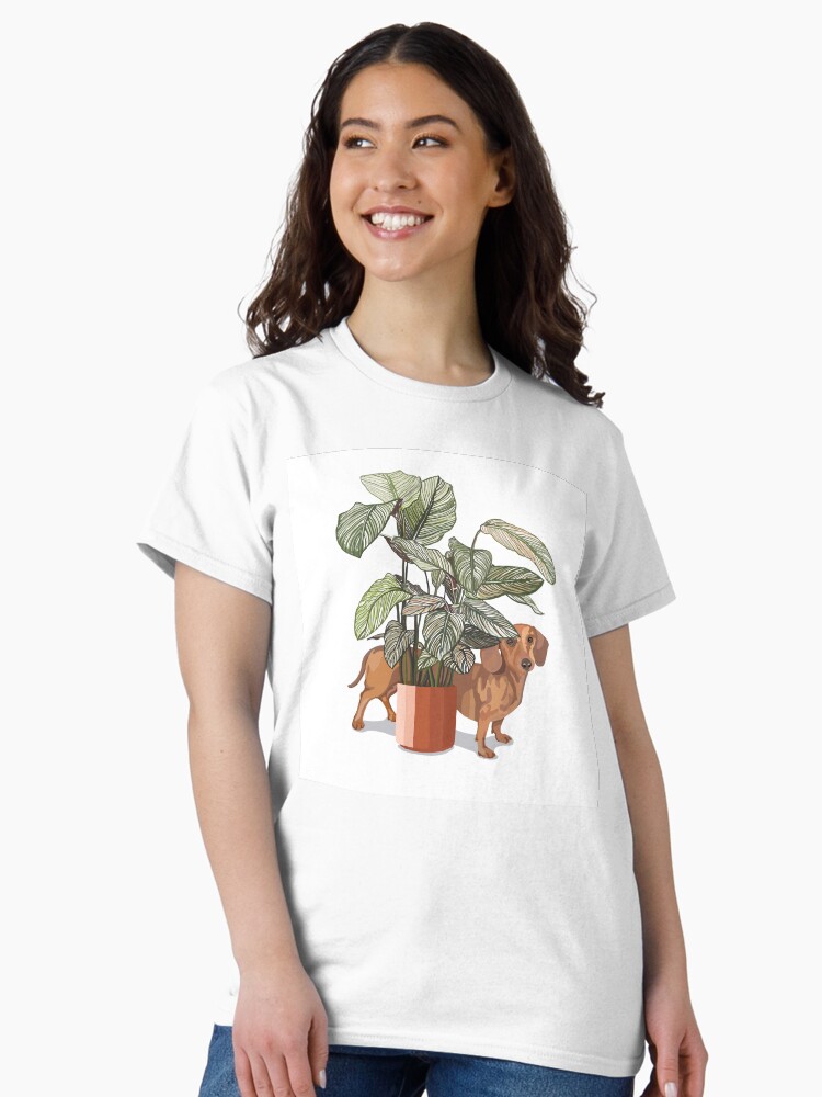 Thumbnail 2 of 7, Classic T-Shirt, Dachshund sausage dog with house plant designed and sold by rosalindjelbert.