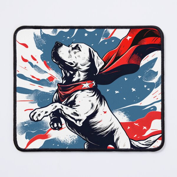 Item preview, dog wearing an American flag cape, leaping through the air designed and sold by Mikhail Palinchak.