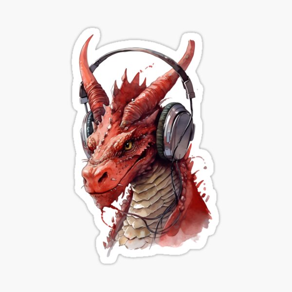 Item preview, Flaming Hits - Dragon Wearing Headphones - Watercolor and Ink - Fantasy designed and sold by Fenay Designs.