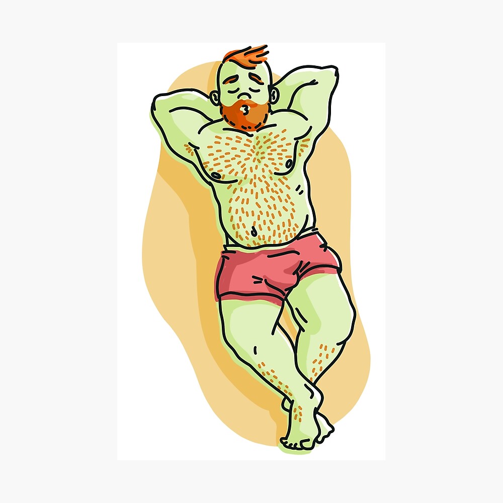 Vibrant Gay bear on the beach with hairy chest for pride month - cartoon  gay bear