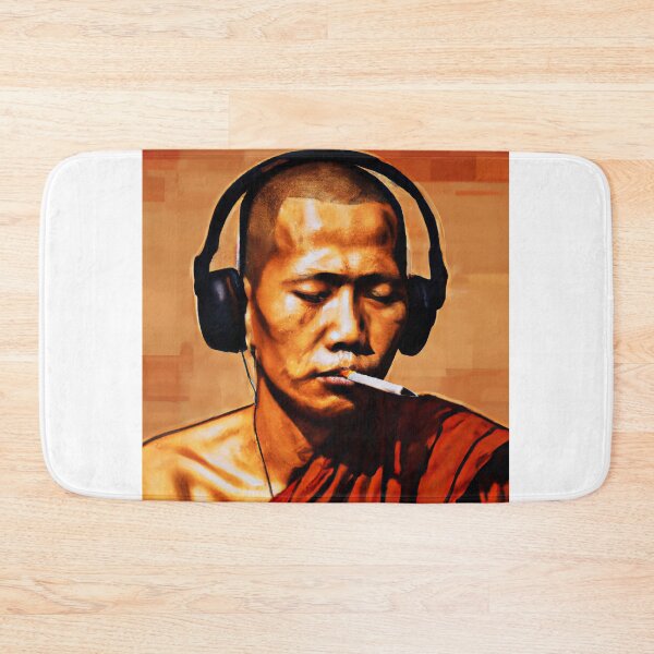 Item preview, Cool orange smoking Buddhist monk listening to rap music designed and sold by RetroBasketball.