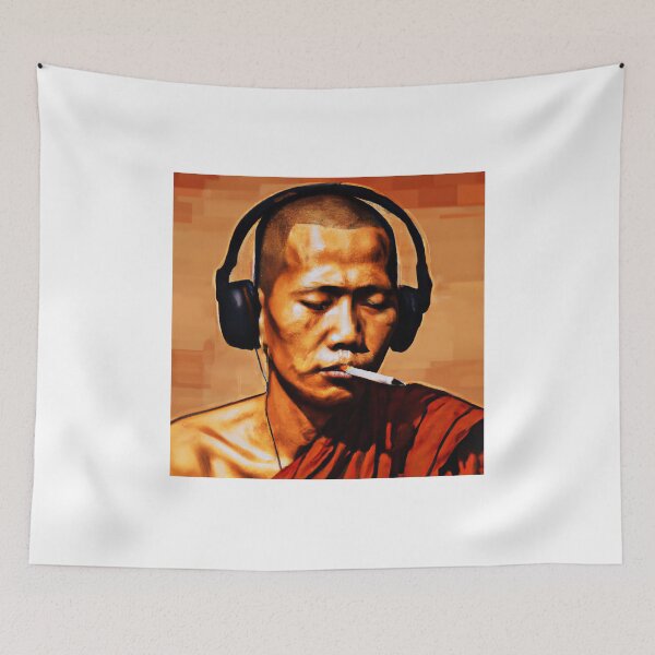 Item preview, Cool orange smoking Buddhist monk listening to rap music designed and sold by RetroBasketball.