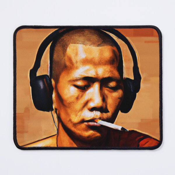 Item preview, Cool orange smoking Buddhist monk listening to rap music designed and sold by RetroBasketball.