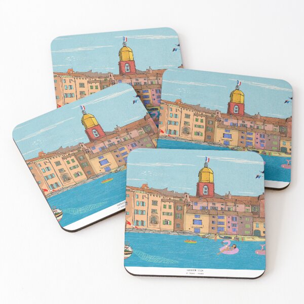 Item preview, St Tropez Harbour View France Retro Inspired Style Illustration designed and sold by Wall-Art-Sketch.