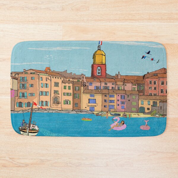 Item preview, St Tropez Harbour View France Retro Inspired Style Illustration designed and sold by Wall-Art-Sketch.