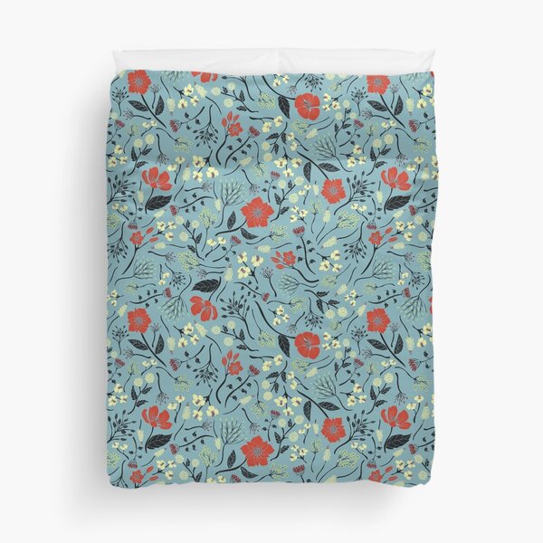 Blue, Orange & White Floral/Botanical Print Duvet Cover